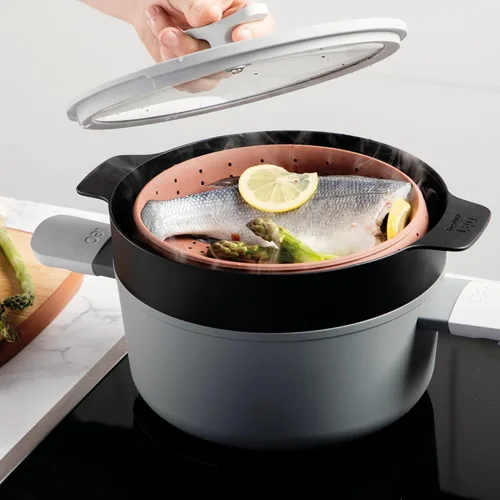 Vista 4 de BergHOFF – Leo Silicone Steam & Strain with Collapsible Body – Grey & Red – 24cm