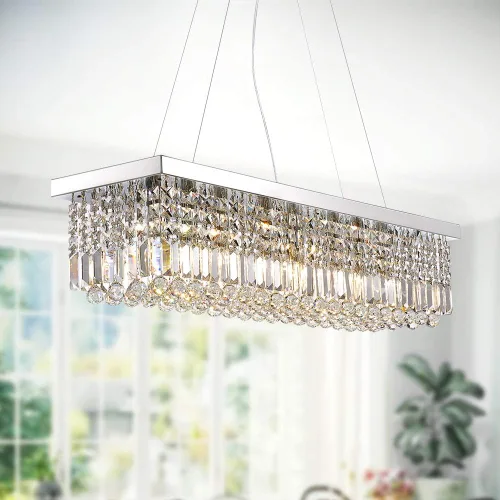 Vista 11 de 7PM Candelabro de cristal dorado moderno rectangular candelabros para comedor, lámpara colgante rectangular para isla de cocina y dormitorio, 31.5