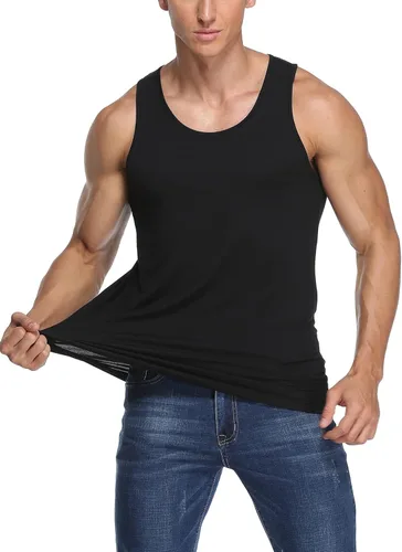 Vista 2 de COLORFULLEAF Camisetas sin mangas de rayón de bambú para hombre, camisetas sin mangas elásticas con cuello redondo (1 o 3)