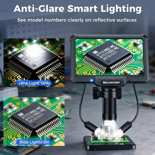 Vista 3 de Microscopio de soldadura digital de 7 pulgadas con control remoto para reparación de electrónica, lupa PCB de pantalla IPS 1200X, salida USB 16M