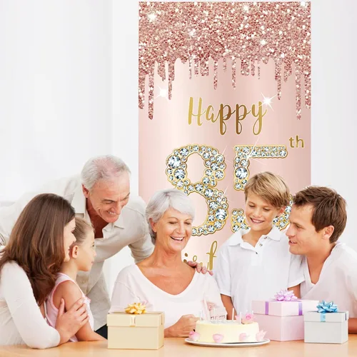 Vista 5 de Decoración de Puerta de Cumpleaños Número 85 para Mujer, Cubierta de Puerta Rosa Oro Rosa Feliz 85 Cumpleaños, Suministros de Fiesta, Cartel