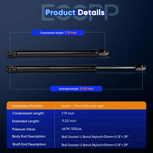 Vista 3 de ECCPP - Juego de 2 amortiguadores con resortes de gas para cofre, para Jeep Grand Cherokee 1999–2004 (refacción 4048)