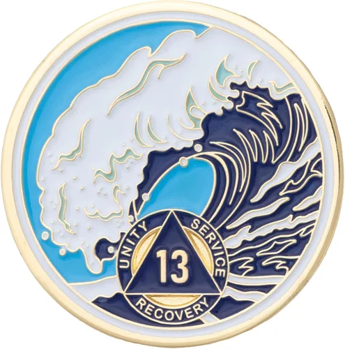 Vista 14 de Moneda AA de 1 año – Medallón de recuperación de ondas estrelladas de Sobriety Mint – azul/blanco/dorado