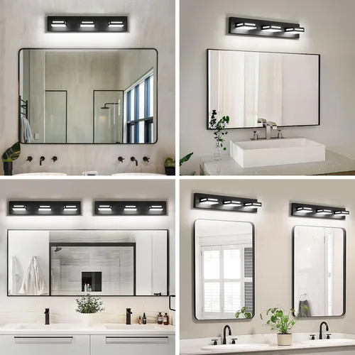 Vista 6 de Lámpara de Tocador LED Moderna Negra de 24 Pulgadas con 3 Luces para Baño Sobre Espejo, Accesorios de Iluminación de Baño con Blanco Frío 6000K