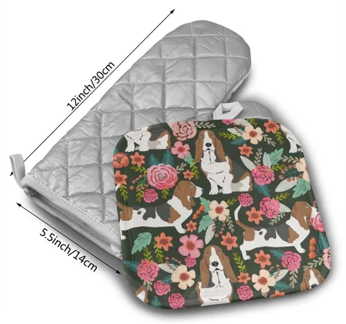Vista 2 de Basset Hound Florals - Guantes de horno y agarraderas, resistentes al calor, 2 piezas, forro de algodón suave con superficie antideslizante