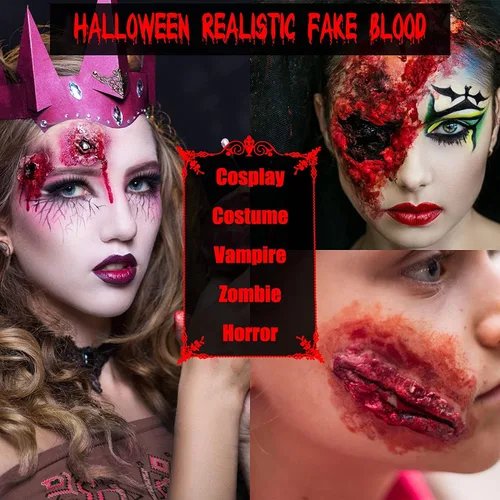 Vista 4 de BOBISUKA Kit de maquillaje de sangre falsa de Halloween de 3 piezas, coagulado de 1.41 onzas + spray de 1.76 onzas + goteo de 1.76 onzas, maquillaje