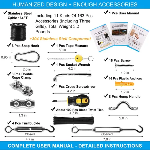 Vista 2 de Kit de colgar luces de cadena Newleray, alambre guía para luces de cadena al aire libre, kit de hardware para velas de sombra, con 164 pies