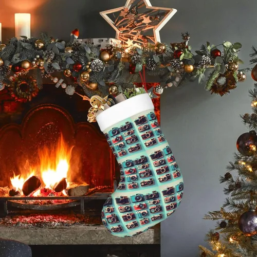 Vista 2 de Retro Cool Camera Collection Print Christmas Stocking, Christmas Ornaments, With Hanging Ribbon For Holiday Decor