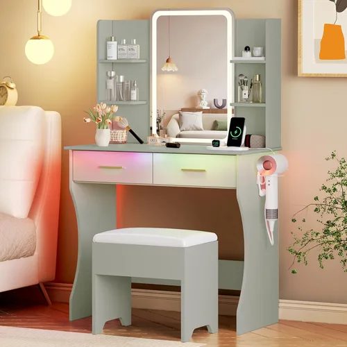 Vista 13 de Mesa de tocador con espejo de luces LED y toma de corriente, juego pequeño de mesa de maquillaje con cajones de almacenamiento y silla, 3 modos