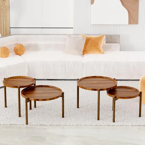 Vista 6 de Juego de 2 mesas de centro redondas anidadas, mesa auxiliar redonda, mesas anidables pequeñas, mesa auxiliar, para sala de estar, dormitorio, balcón