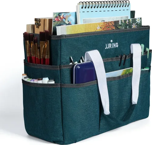 Vista 10 de JJRING Craft Organizer Tote Bag, Art Storage Caddy with Multiple Pockets, Beige Sewing Bag for Art, Craft, Scrapbooking, School, Medical, and Office