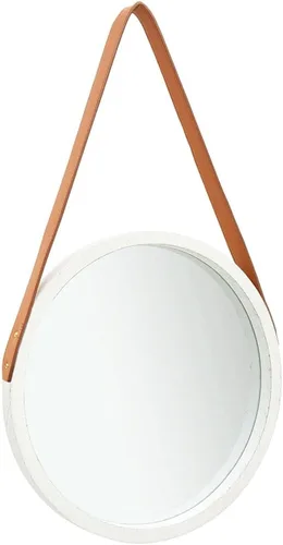 vidaXL Espejo de pared colgante con correa ajustable, 15.7 pulgadas de diámetro, piel sintética y material de madera de Paulonia, diseño redondo