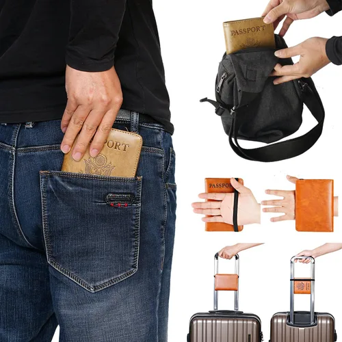 Vista 8 de Funda para pasaporte, cartera, artículos esenciales de viaje, con bloqueo RFID, funda de piel para tarjetas de viaje internacionales, accesorios