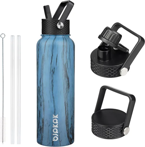 Vista 9 de BJPKPK - Botellas de agua aisladas con tapa de popote, botella de agua de acero inoxidable de 27 onzas con 3 tapas, termo de metal libre de BPA a