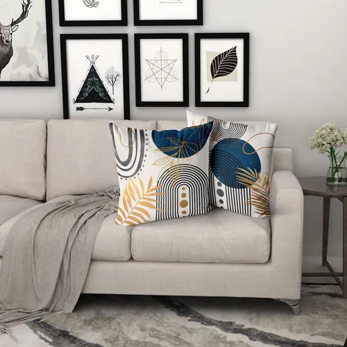 Vista 6 de Juego de 4 fundas de almohada bohemias azules y grises, decoración moderna de mediados de siglo, fundas de almohada geométricas abstractas de 16 x