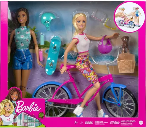 Vista 3 de Barbie Conjunto de juego de bicicleta al aire libre, muñeca rubia y morena con cachorro, juego de diversión de verano, HJY84