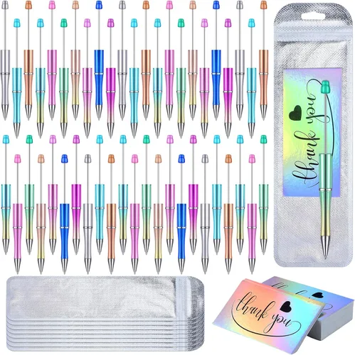 Vista 9 de Yeaqee Kit de 150 bolígrafos con cuentas, 50 bolígrafos de plástico con cuentas de colores, 50 tarjetas de agradecimiento de papel de aluminio