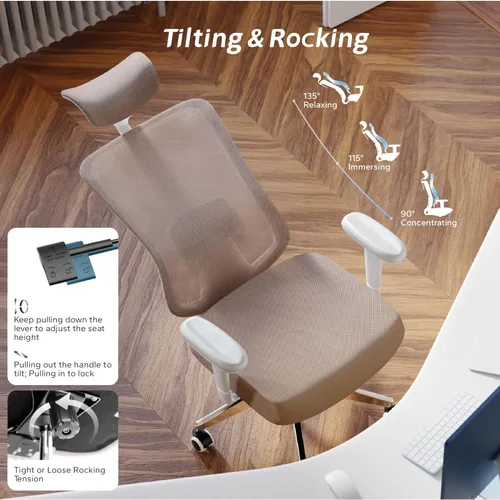 Vista 4 de Silla de oficina ergonómica, silla de escritorio de malla con reposacabezas ajustable y reposabrazos 2D, sillas de computadora con soporte lumbar