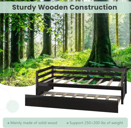 Vista 6 de Giantex Sofá cama de madera con nido, cama de día de tamaño individual con nido y soporte de listones de madera, marco de sofá individual que ahorra