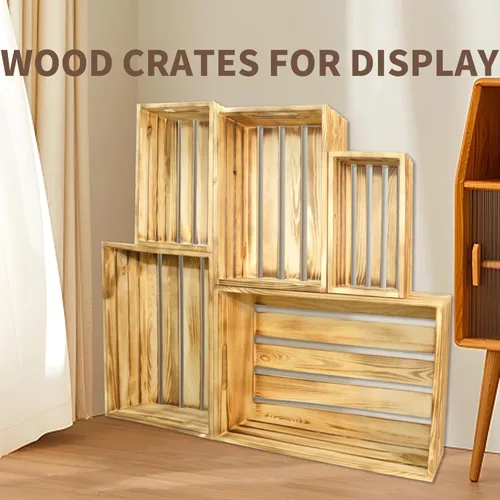 Vista 6 de 5 piezas de cajas de madera decorativas para exhibición, 5 tamaños grandes de cesta de madera estilo granja para contenedor de almacenamiento