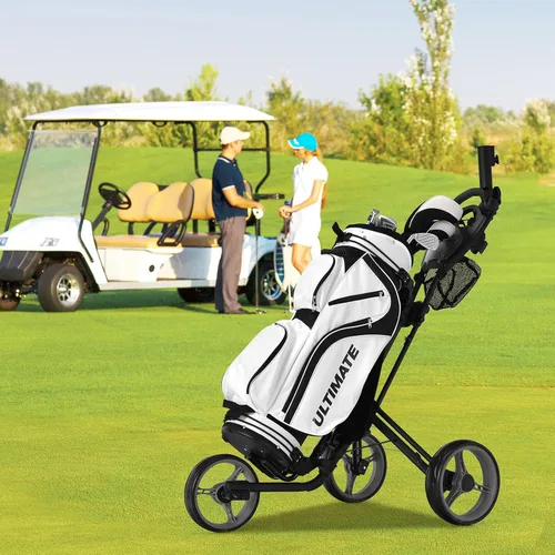 Vista 8 de Tangkula Carrito de golf de empuje, carrito de golf plegable de aluminio ligero de 3 ruedas, carrito de golf con bolsa de almacenamiento y soporte