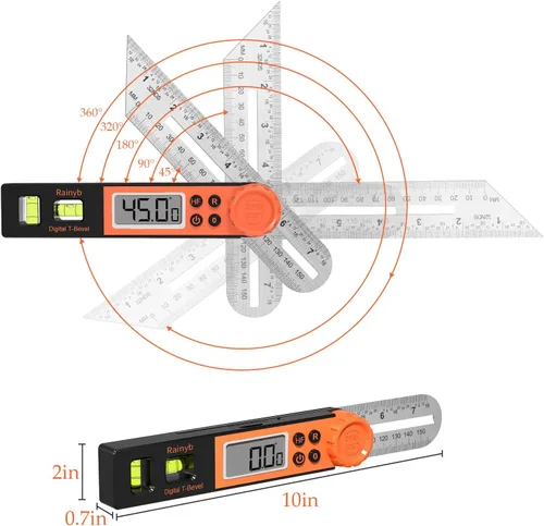 Vista 4 de Buscador de ángulo digital transportador de 0 a 360 grados en T de bisel y transportador con burbuja vertical horizontal y pantalla LCD completa