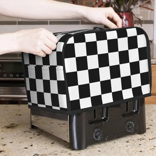 Vista 5 de Funda para máquina de pan de 2 rebanadas de color blanco y negro con bolsillos, cubierta para tostadora, protección de huellas dactilares, lavable a
