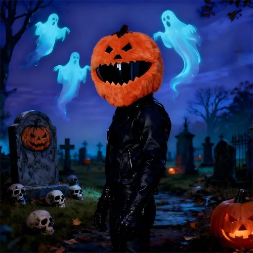 Vista 2 de Funda para casco de motocicleta, divertida protección de casco de felpa de dibujos animados, cubierta de casco de calabaza de Halloween, accesorios