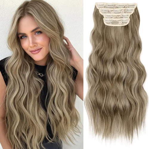 Vista 28 de KooKaStyle Extensiones de cabello sintético con pinzas, largo, ondulado, grueso, balayage, marrón chocolate a rubio caramelo, fibra 10H26