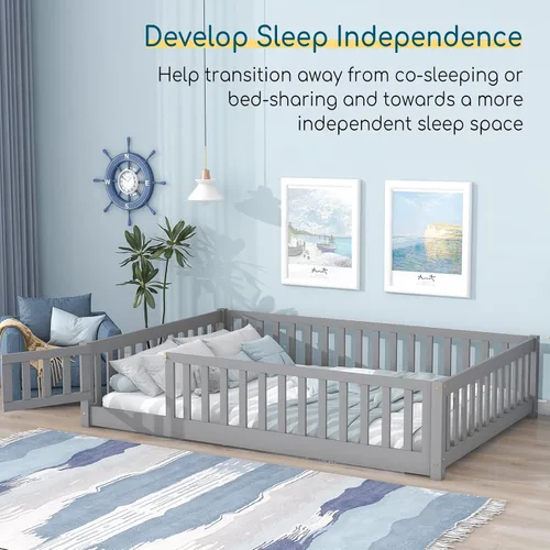 Vista 11 de Tatub Cama de suelo individual con rieles, puerta y listones, marco de cama Montessori de madera para niños y niñas, rosa