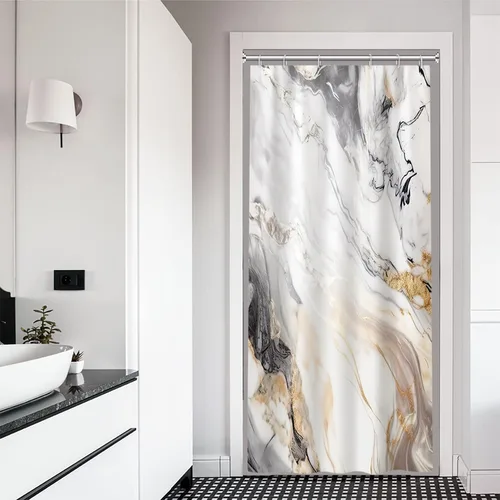 Vista 30 de Cortina de ducha pequeña en blanco y negro, moderno, abstracto, mármol, impermeable, estrecho, con ganchos, 36 x 72 pulgadas