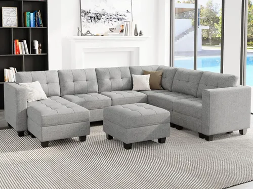 Vista 18 de Belffin Sofá modular modular en forma de U de almacenamiento reversible con tumbonas dobles, juego de sofá modular con tela otomana, color azul