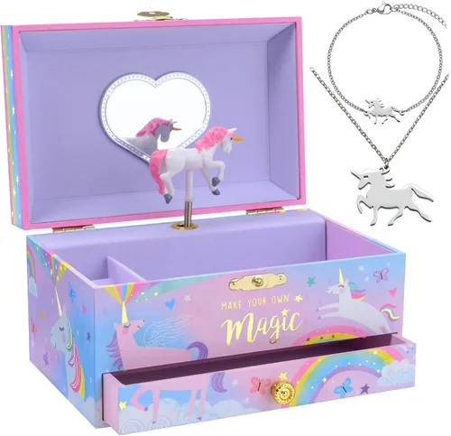 Jewelkeeper Caja de música de unicornio y juego de joyas para niñas pequeñas, 3 regalos de unicornio para niñas