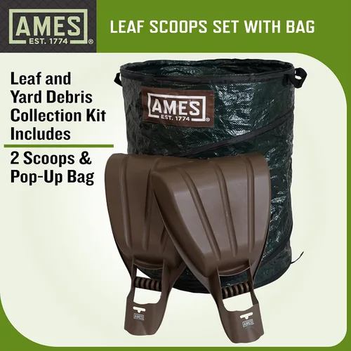 Vista 3 de AMES Juego de rastrillo de mano de palas de hojas con bolsa de basura plegable para jardín para recoger hojas, mantillo y escombros