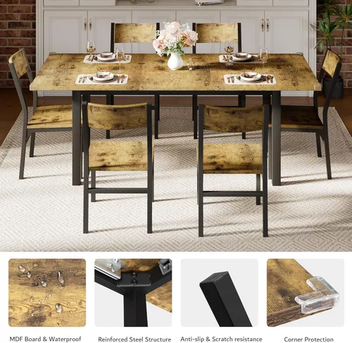 Vista 6 de iPormis Juego de mesa de comedor y sillas de 7 piezas para 4-6, mesa de cocina extensible de 63 pulgadas con 6 sillas, mesa de comedor con tablero