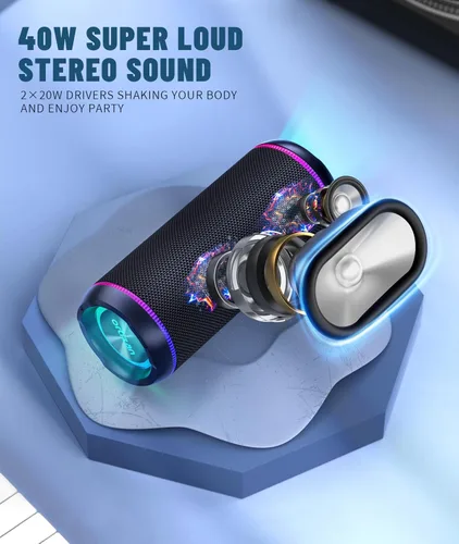 Vista 2 de Oritzan Altavoz Bluetooth portátil, sonido fuerte de 40 W y graves profundos, impermeable IPX7, estéreo inalámbrico verdadero, Bluetooth 5.3, luces