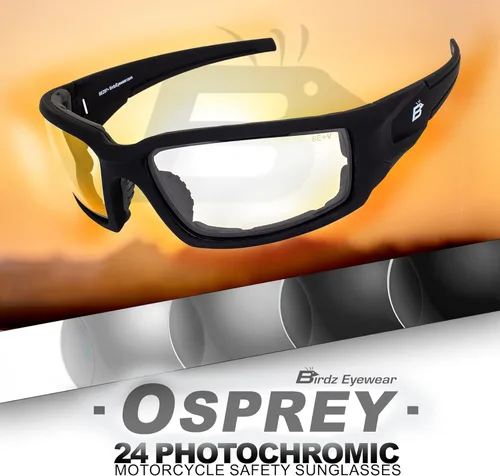 Vista 2 de Birdz Eyewear Osprey 24 - Lentes de sol fotocromáticos de seguridad para motocicleta con oscurecimiento automático, montura negra acolchada