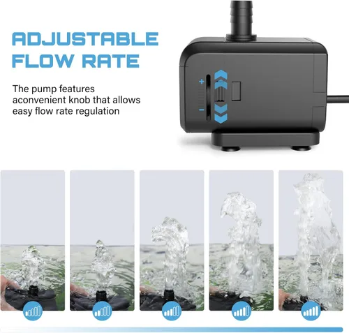 Vista 3 de AQQA Bomba de agua sumergible para acuario, bomba de fuente con flujo ajustable, entrada lateral/inferior de doble succión, protección térmica