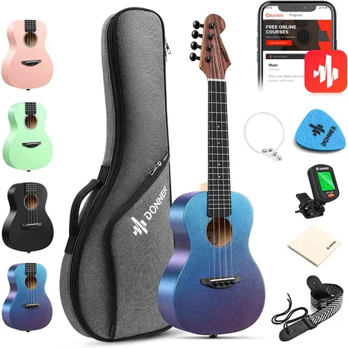 Vista 14 de Donner Ukulele Soprano para Principiantes de 21 Pulgadas, Ukulele Mate, Kit para Principiantes con Bolsa, Correa, Afinador, Cuerdas, Púas, Paño