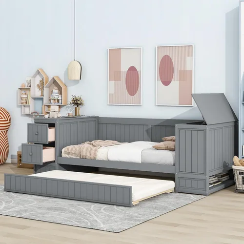 Vista 199 de Quarte Elegante cama de plataforma con estanterías en forma de L, cama de plataforma de madera tamaño individual con 2 cajones de almacenamiento