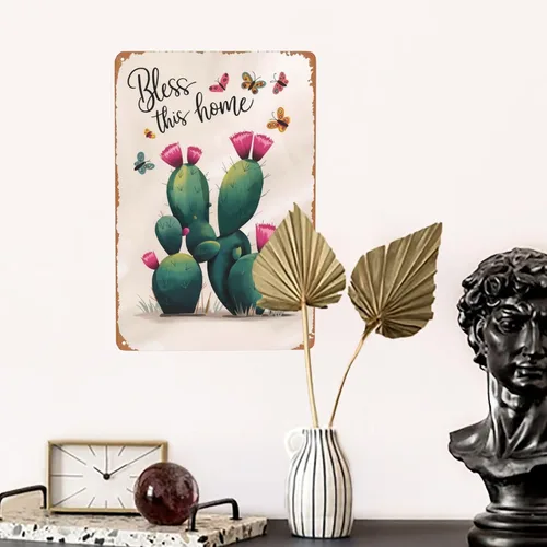 Vista 5 de Decorative Bless This Home Cactus Succulent Plants metal tin sign 8x12 inch wall decor for indoor spaces, bar, man cave, cabin and rustic home