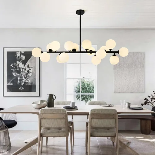 Vista 7 de KCO Lighting Farmhouse - Lámpara de araña de comedor con globo lineal, lámpara de cristal de leche negra, 16 luces Sputnik, lámpara colgante moderna