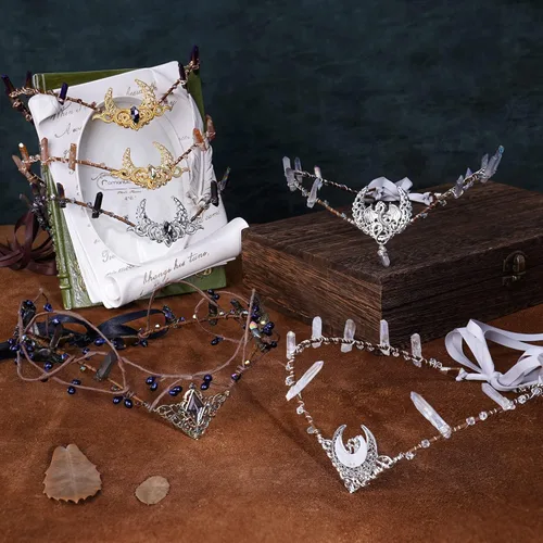 Vista 6 de MOSTORY Diadema hecha a mano de cristal plateado renacentista, tiara de luna renacentista, dragón plateado, círculo, elfo, medieval, diamantes