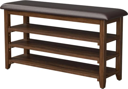 Vista 39 de Banco de zapatos con cojín de cuero, banco de entrada de madera maciza rústica con 2 estantes ajustables en altura y extraíbles para pasillo, sala