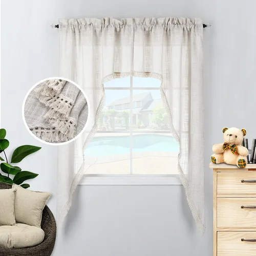 Vista 29 de Beda Home - Cenefas de lino texturizado con borlas para cocina de granjas; decoración rústica con filtro de luz para ventanas pequeñas, dormitorio