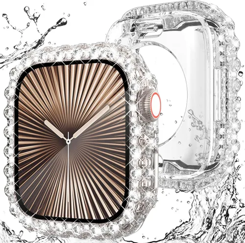 Vista 25 de Wingle 2 en 1 Funda impermeable para Apple Watch 40mm Protector de pantalla SE 3/2/1 Series 6 5 4, Bling Lace Edge Diamond Cara Cubierta Completa