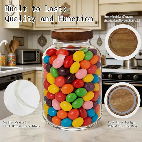 Vista 7 de Paquete de 2 tarros de almacenamiento de vidrio con tapas de madera individuales de 64 fl oz/64.2 fl oz, recipientes herméticos para productos secos