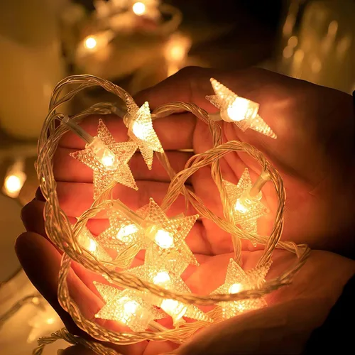 Vista 2 de Guirnalda de luces de estrellas que funcionan con pilas, 20 pies, 40 luces LED parpadeantes, color blanco cálido, linda luz colgante de hadas