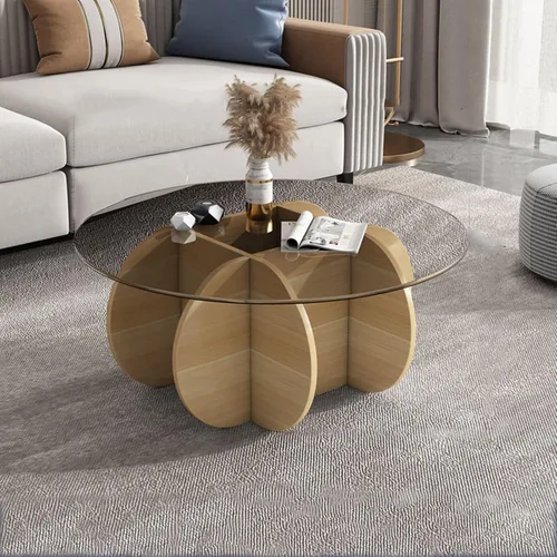 Vista 8 de HM&DX Mesa auxiliar redonda de cristal, base de madera maciza y parte superior de vidrio templado transparente, mesa auxiliar de café, mesa central