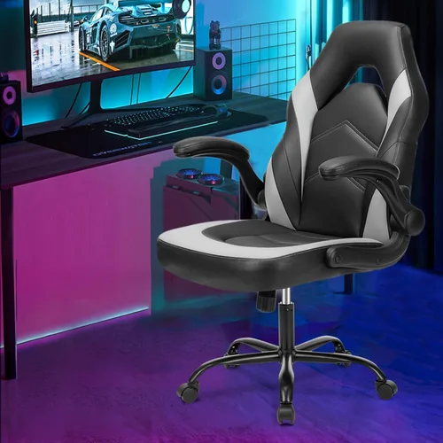 Vista 2 de Sweetcrispy - Silla de escritorio para juegos de computadora, ergonómica, cómodo soporte lumbar, piel sintética, reposabrazos abatibles, ajustable